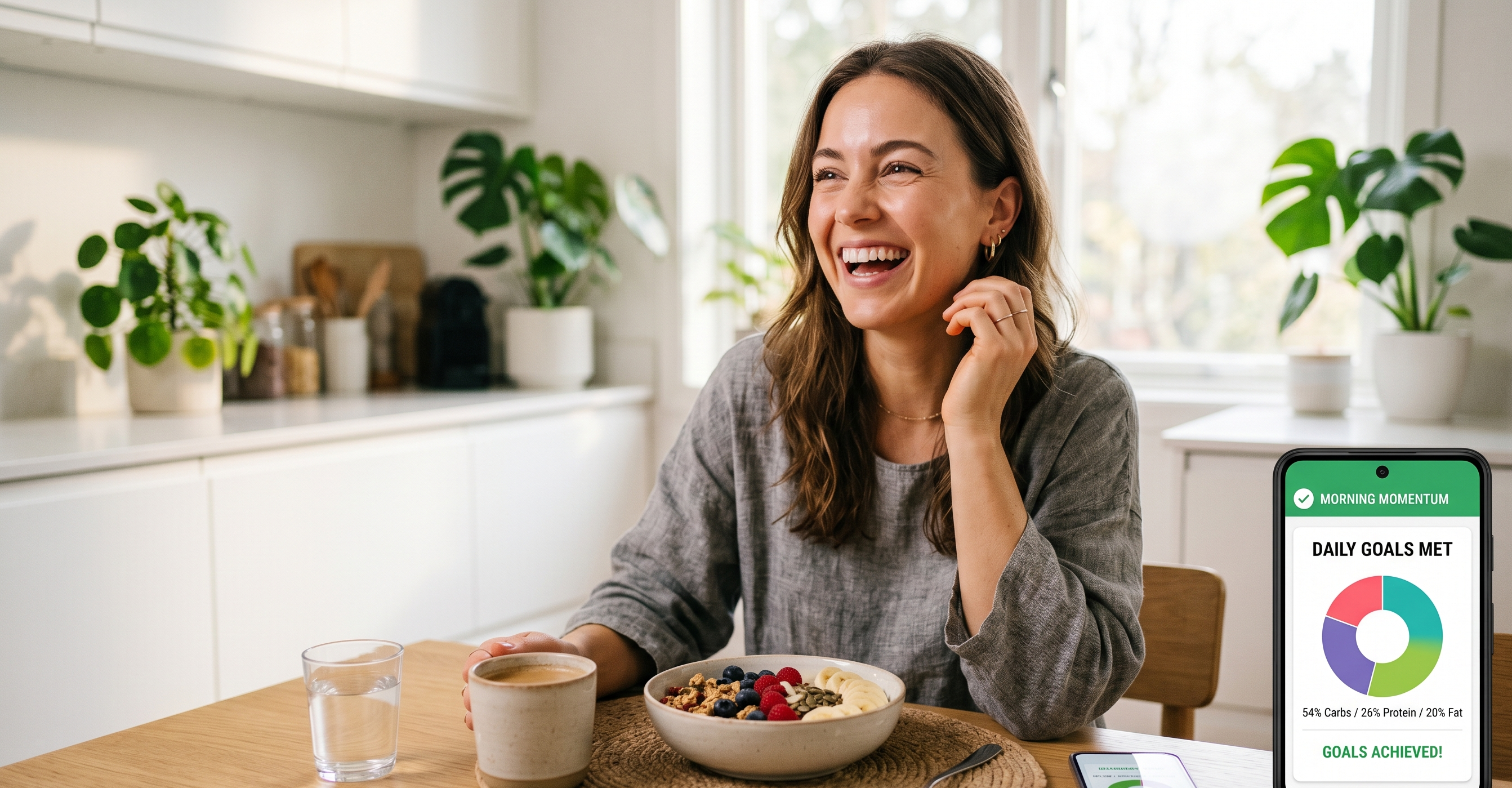 Woman enjoying healthy food with VYDA app